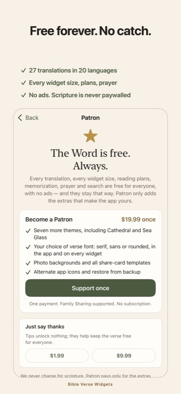 Bible Verse: scripture is free forever, Patron adds optional extras