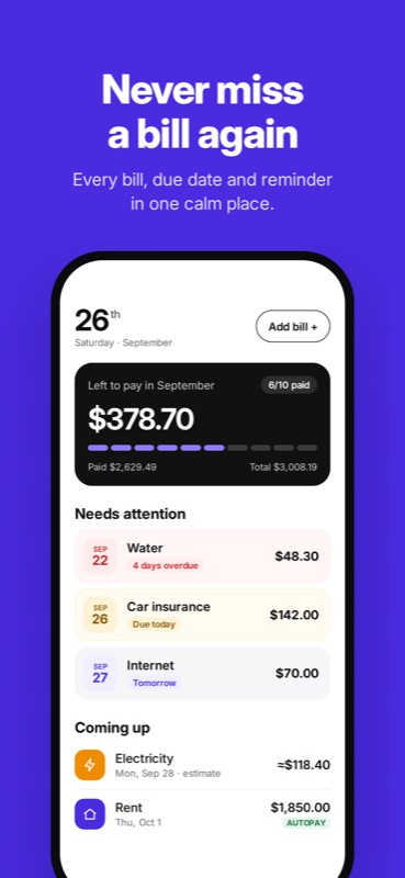 Bill Organizer: Home screen with amount left to pay this month, bills that need attention and upcoming bills