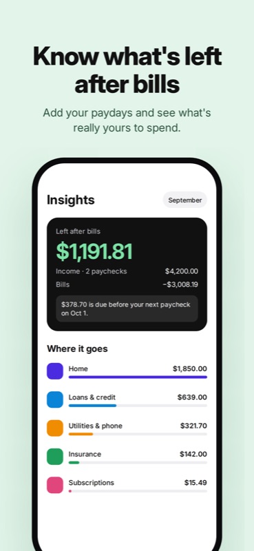 Bill Organizer: Insights showing what is left after bills and spending by category