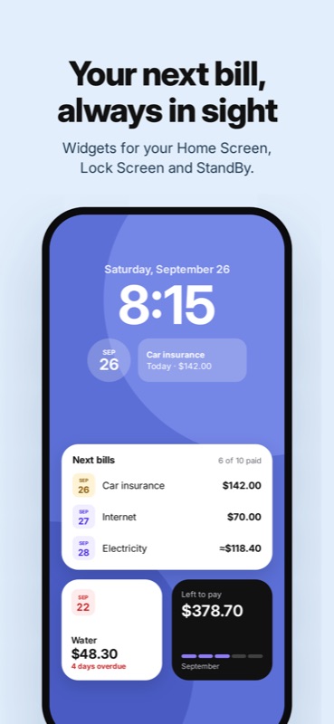Bill Organizer: Home Screen and Lock Screen widgets with the next bills