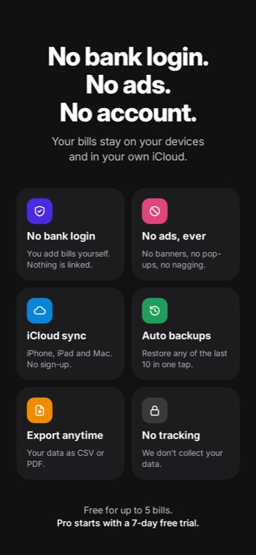 Bill Organizer: No bank login, no ads, no account, with iCloud sync, auto backups and export