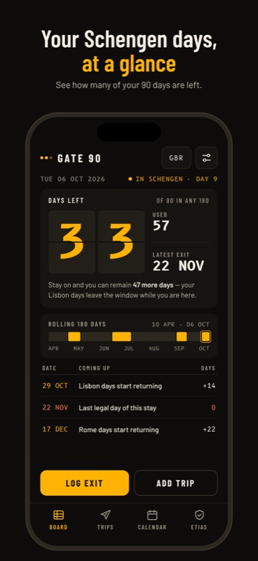Gate 90: Days left on a split-flap board with the latest exit date