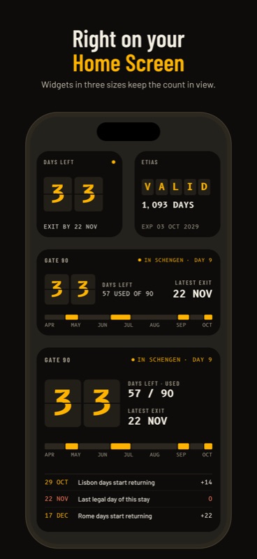 Gate 90: Home Screen widgets in three sizes with days left and ETIAS status