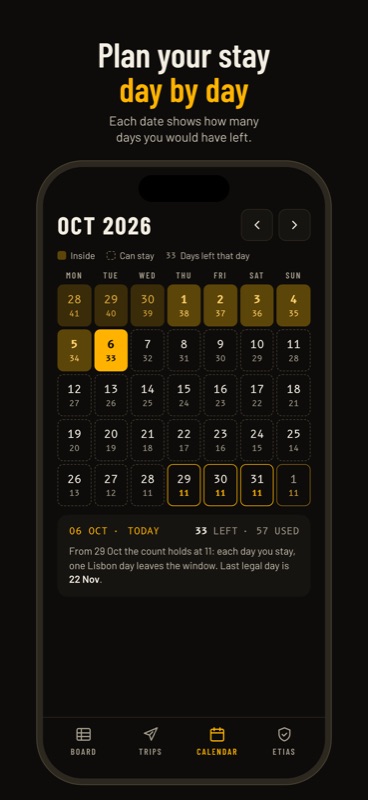 Gate 90: Forecast calendar showing days left on every date