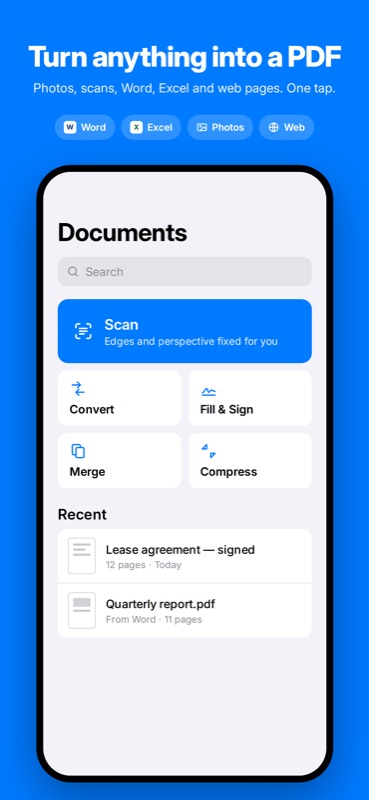 PDF Converter: Documents screen with Scan, Convert, Fill & Sign, Merge and Compress