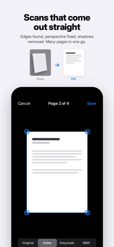 PDF Converter: Scan review with corner handles and color filters