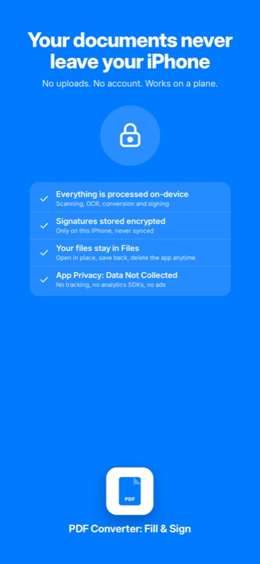 PDF Converter: Everything processed on device, signatures stored encrypted
