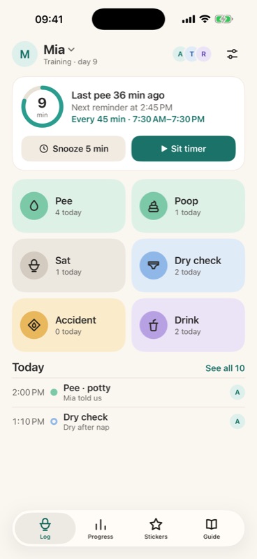 Potty Days: One-tap log with six big buttons: Pee, Poop, Sat, Dry check, Accident, Drink