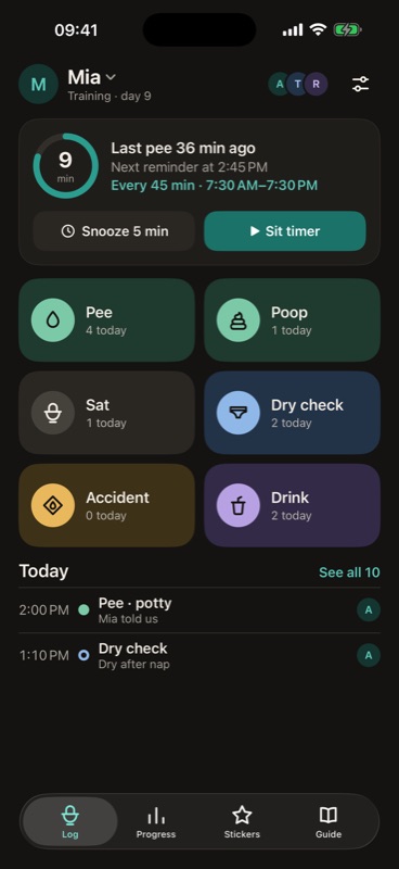 Potty Days: One-tap log in dark mode